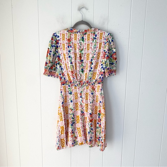 Saloni Lea Smocked Floral Print Crepe Mini Dress Sz. 2 White Orange Pink V Neck - Picture 4 of 16